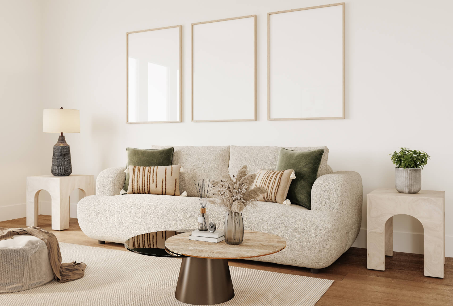 Frame mockup in Interior, three framed paintings on a wall above a couch
