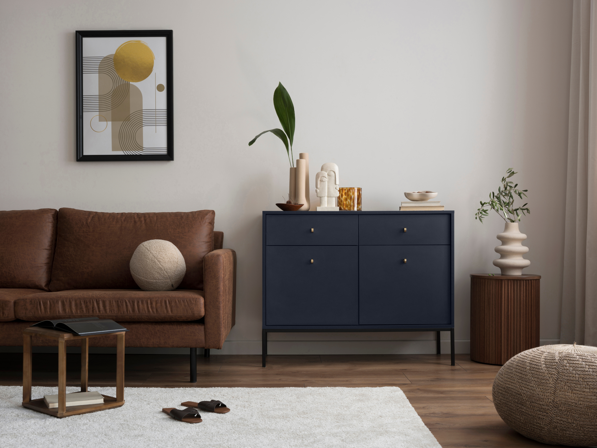 Interior,Design,Of,Harmonized,Living,Room,With,Brown,Sofa,,Blue