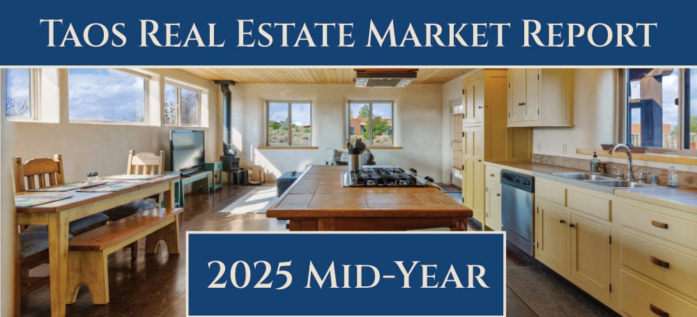 Bright, open-concept kitchen and dining space in a Southwestern-style Taos home, used in the 2025 Mid-Year Taos Real Estate Market Report.