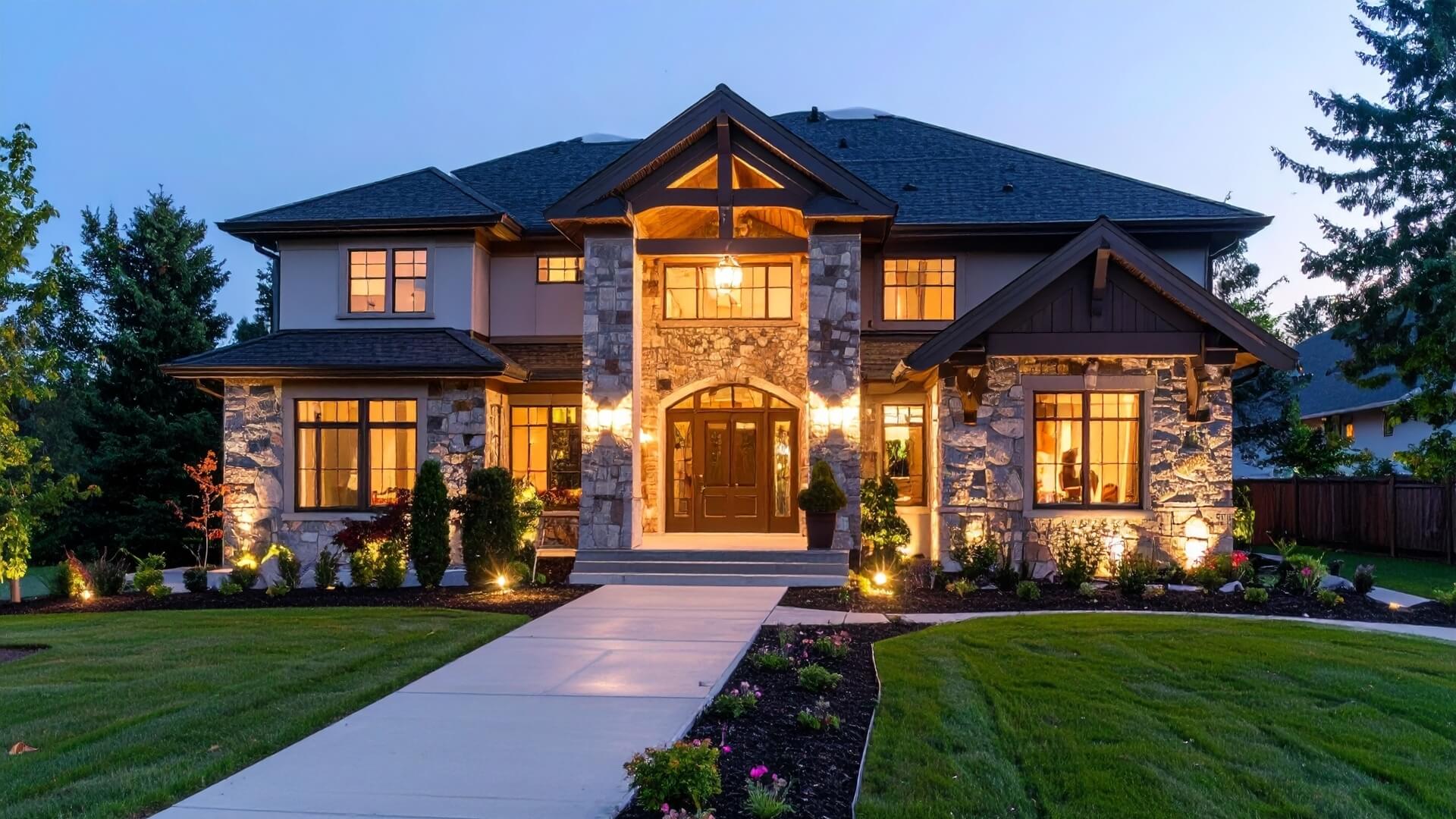 A luxurious twostory house, illuminated at dusk, features stone facade, large windows