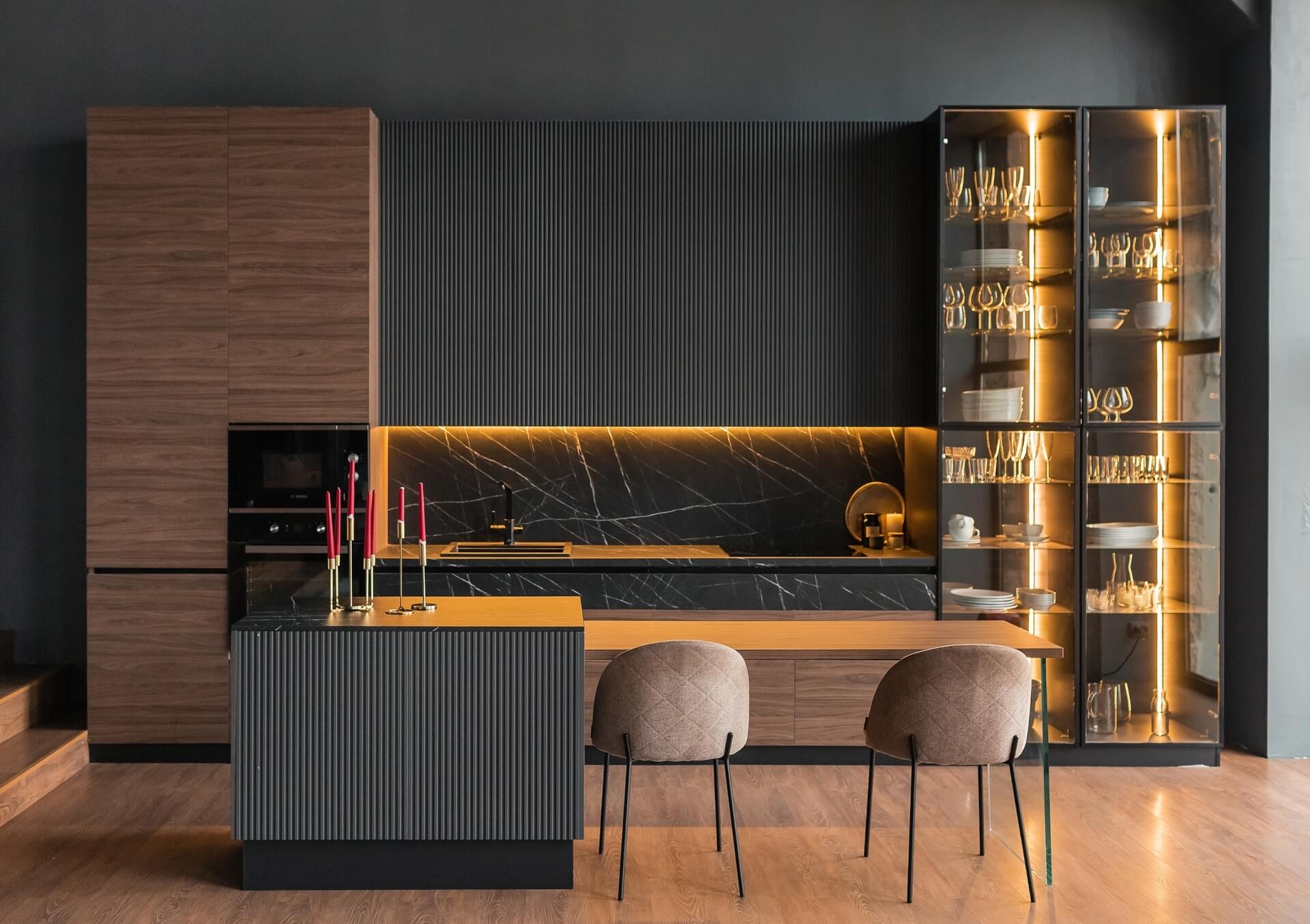 kitchen in a modern style, wooden floor, dark grey interior.