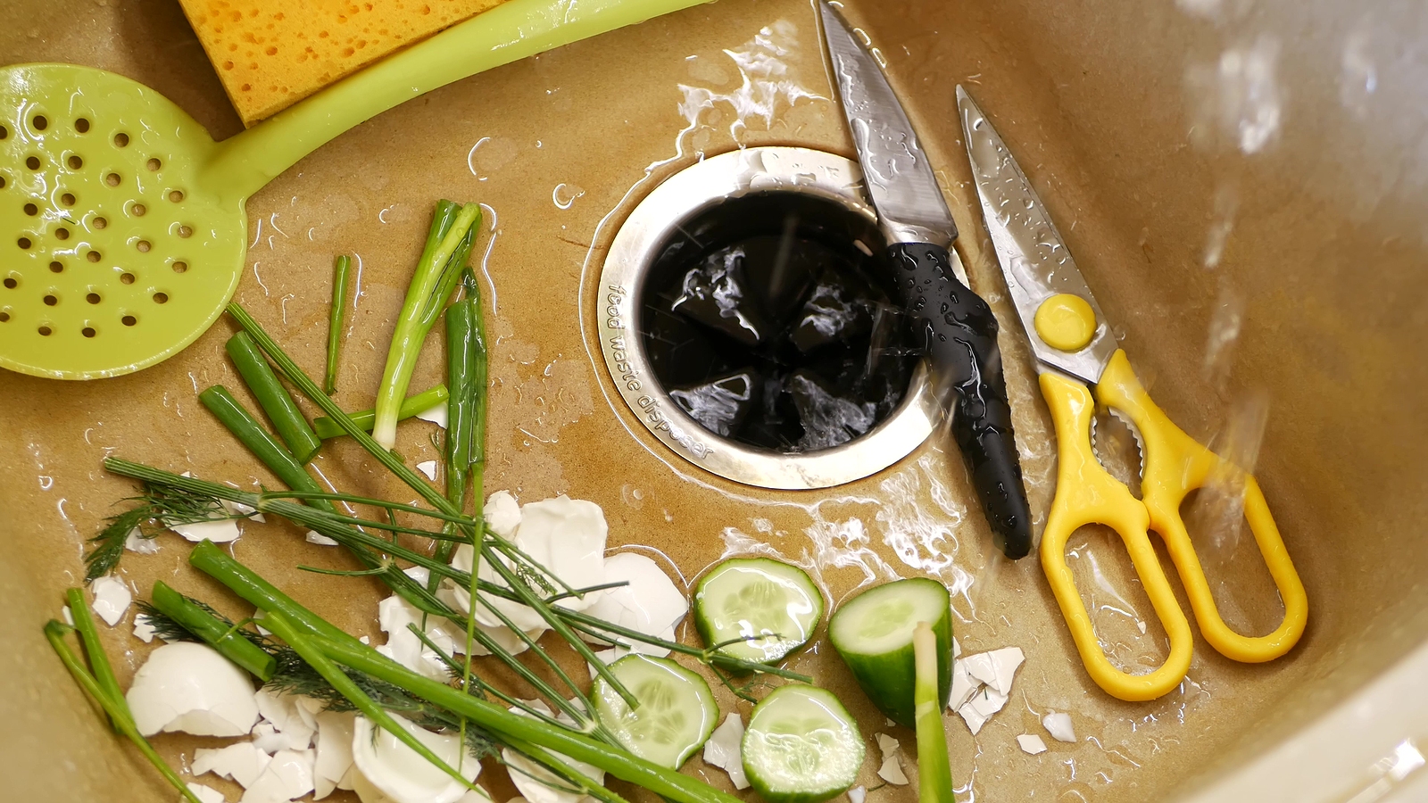 Organic Garbage In Sink With Built-in Food Waste Disposer. Veget