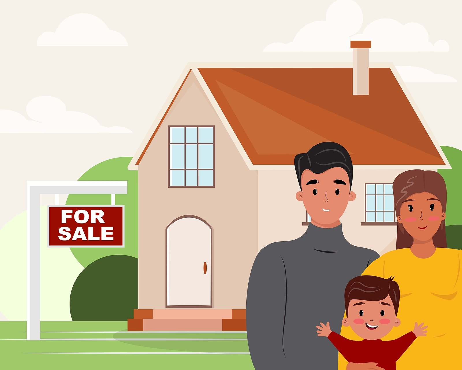 Family With A Boy Next To The House For Sale. People Checking Ou