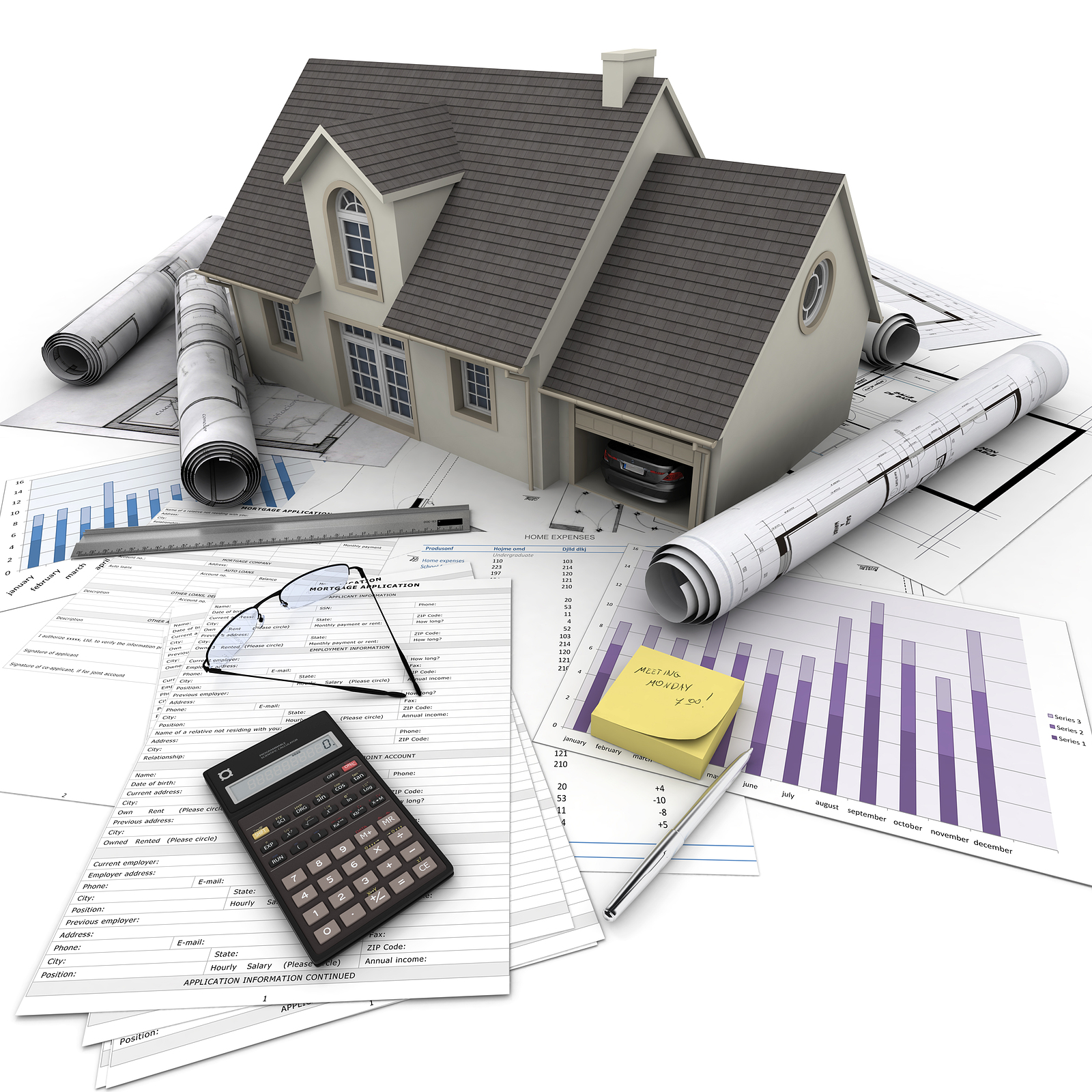 A house on top of a table with mortgage application form, calcul