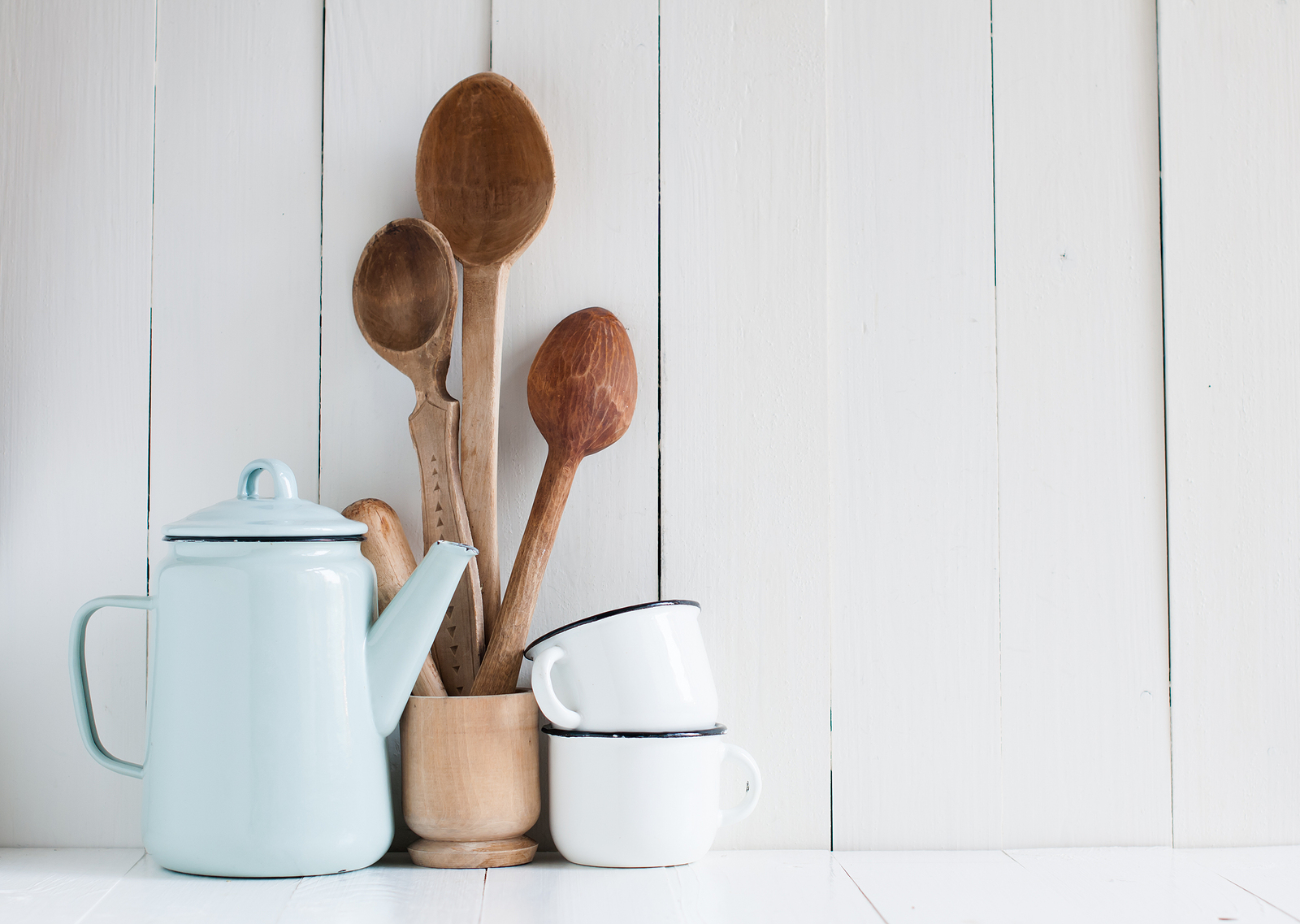Coffee Pot, Enamel Mugs And Rustic Spoons