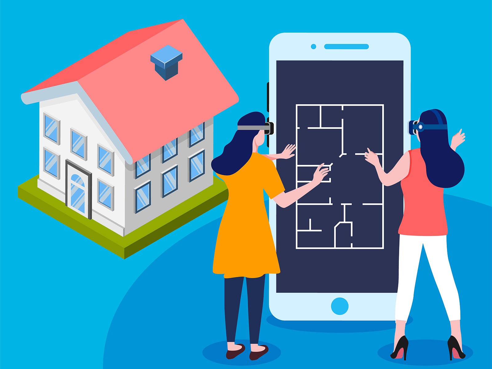 Virtual Reality Home Tour On Mobile Phone Illustration.