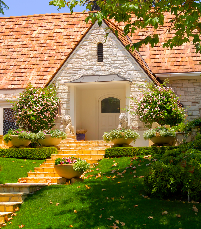 elegant entrance of a colonial style house with stairs and lion decorations