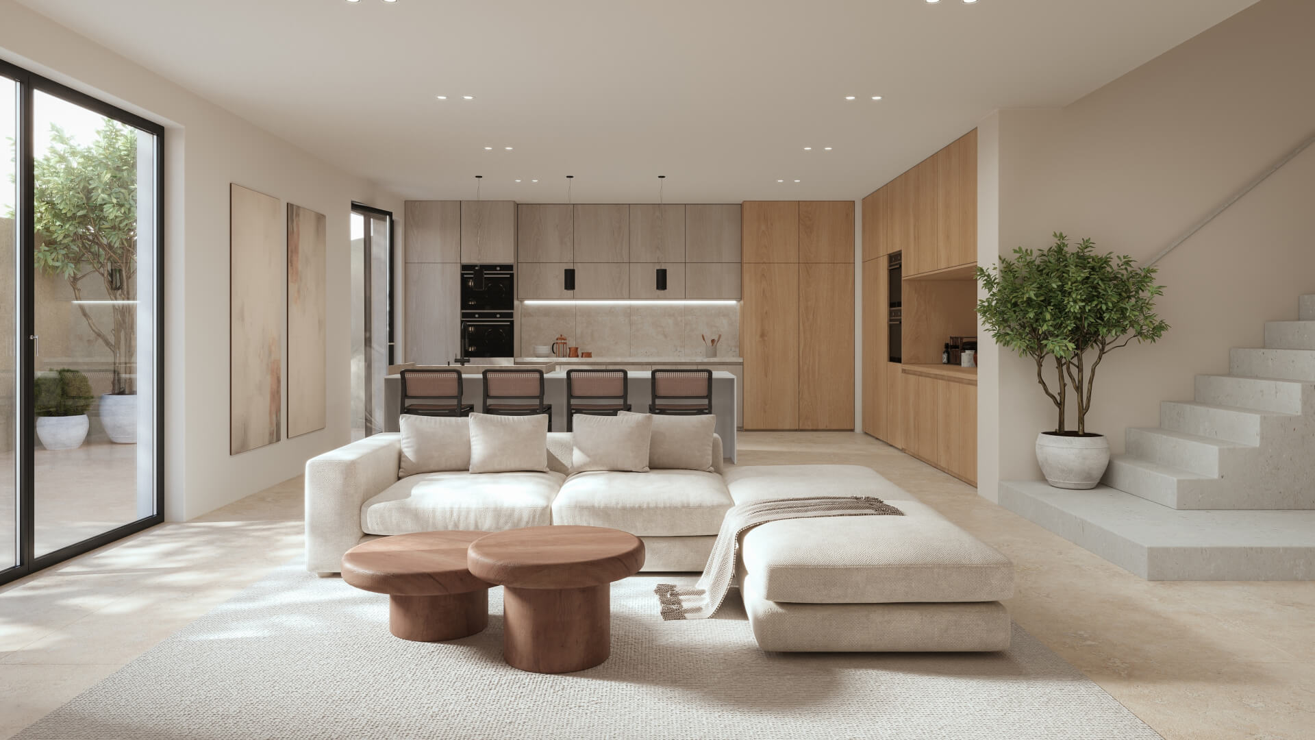Open space living room and kitchen interior, beige, tan