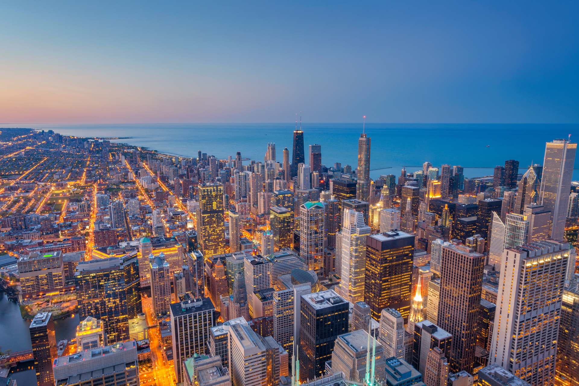 Chicago downtown during twilight blue hour