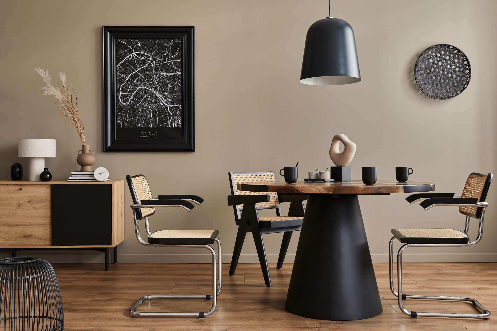dining room interior with black and wooden design