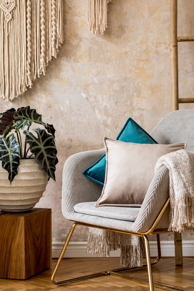 Interior,Design,Of,Oriental,Living,Room,With,Modern,Armchair,,Macrame,