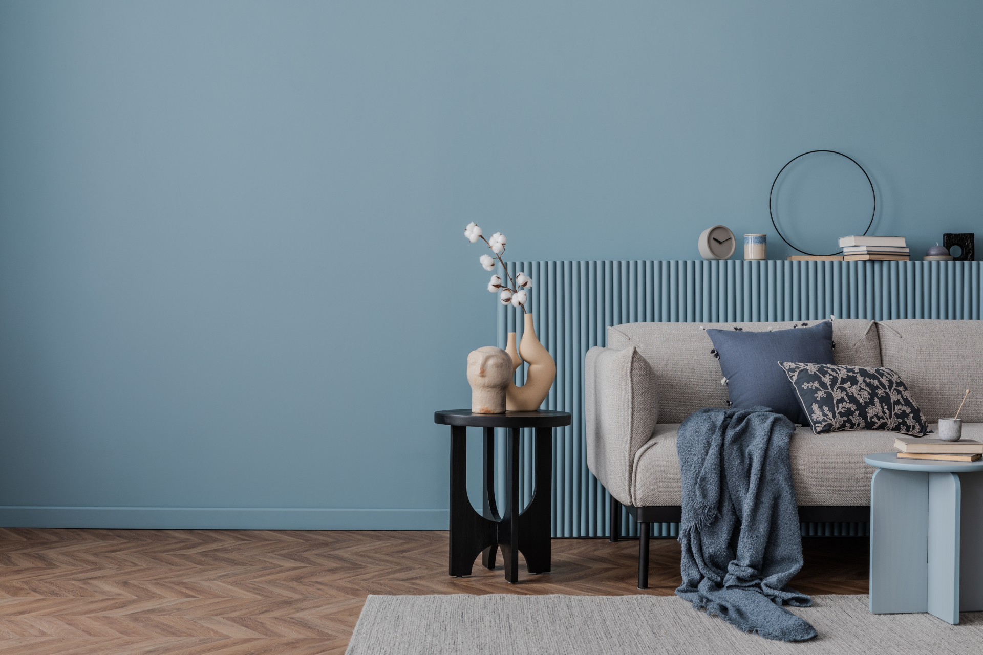Elegant blue living room with a modern sofa