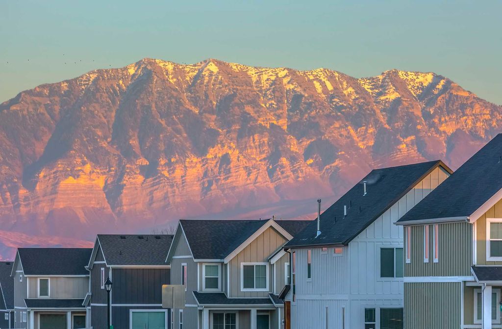 Sunset light on the Wasatch Mountains above a Salt Lake Valley neighborhood