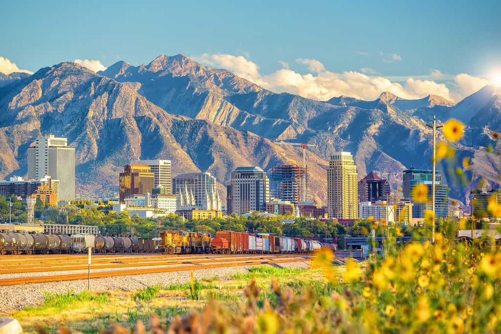 Downtown Salt Lake City with the Wasatch Mountains behind it