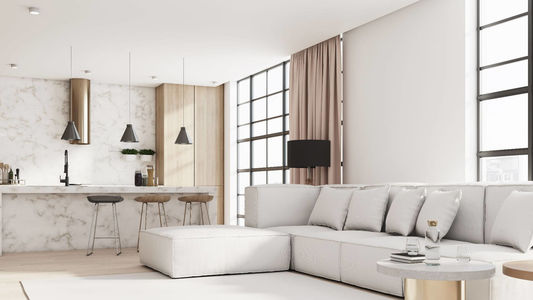 Sunny modern living room interior design with big light sofa