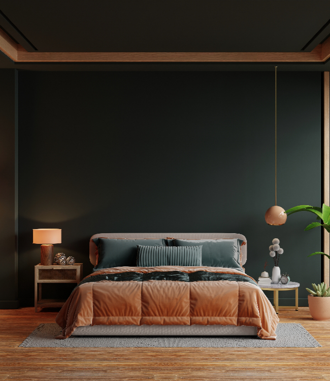 Orange bed dark green wall in bedroom interior.1