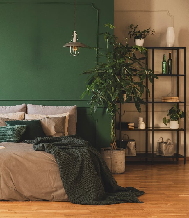 green, Industrial bookshelf and wooden commode in contemporary bedroom(1)