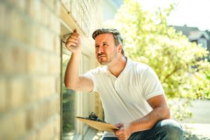 A,Man,Inspecting,House,Window,Outside,On,Day,Light
