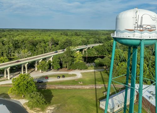 Aerial of Conway, small town on a bluff overlooking the Waccamaw River in South Carolina