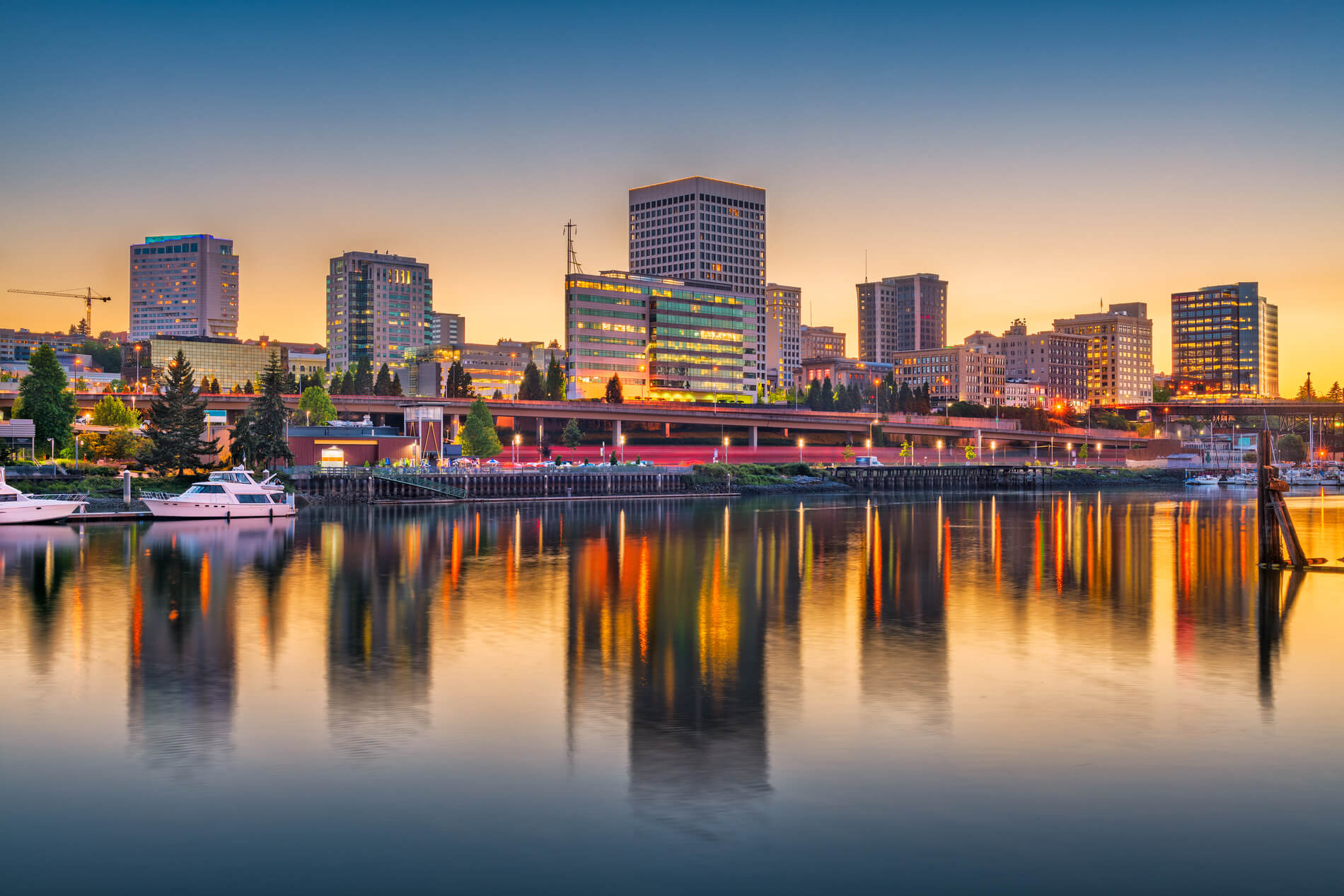 Tacoma skyline at dusk on Commencement Bay