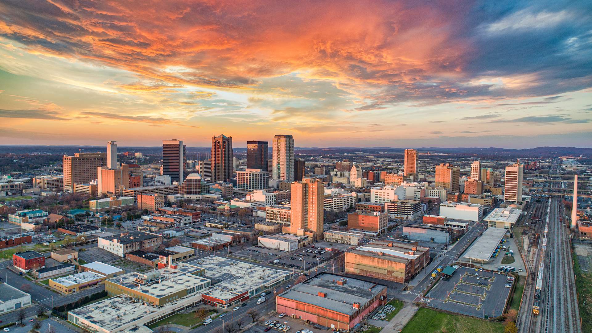 Birmingham, Alabama, USA Downtown Drone Skyline Aerial Panorama.