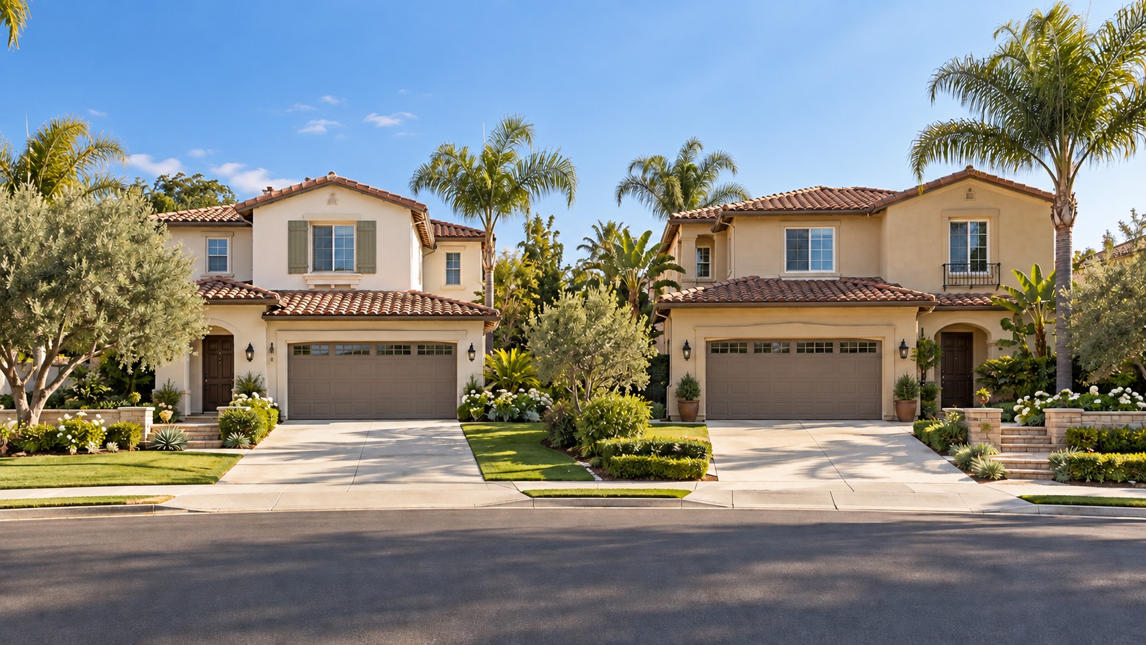AI illustration of two comparable Orange County-style homes for a home-pricing comparison.