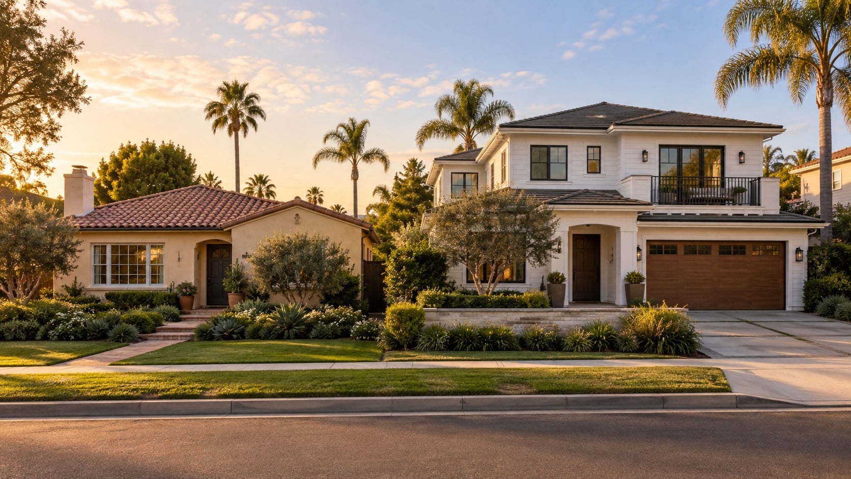 AI illustration of a smaller single-story home beside a larger two-story home in an Orange County-inspired neighborhood.