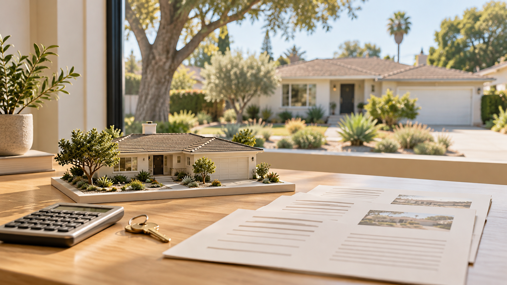 AI illustration of a model ranch home, calculator, key and pricing-review papers beside a window overlooking a fictional Fullerton-style home.