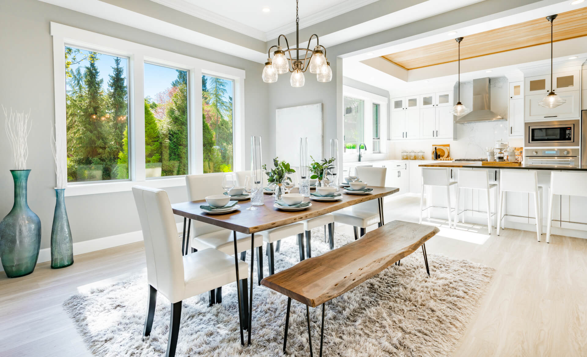 Modern farmhouse dining room with place settings