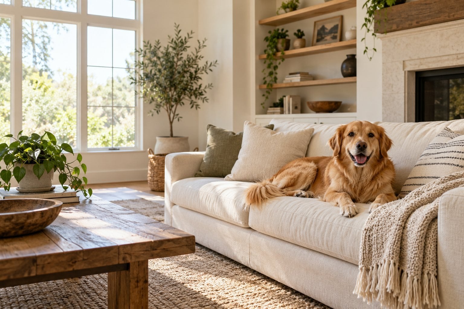 Golden retriever relaxing on a sofa in a bright, clean living room