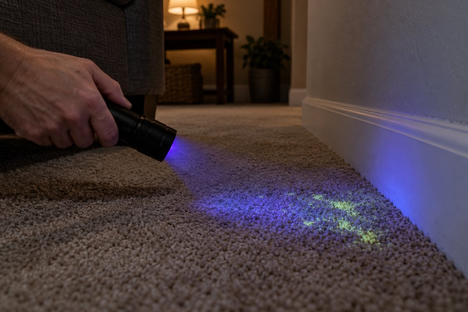 UV blacklight revealing a hidden pet urine stain on carpet near a baseboard