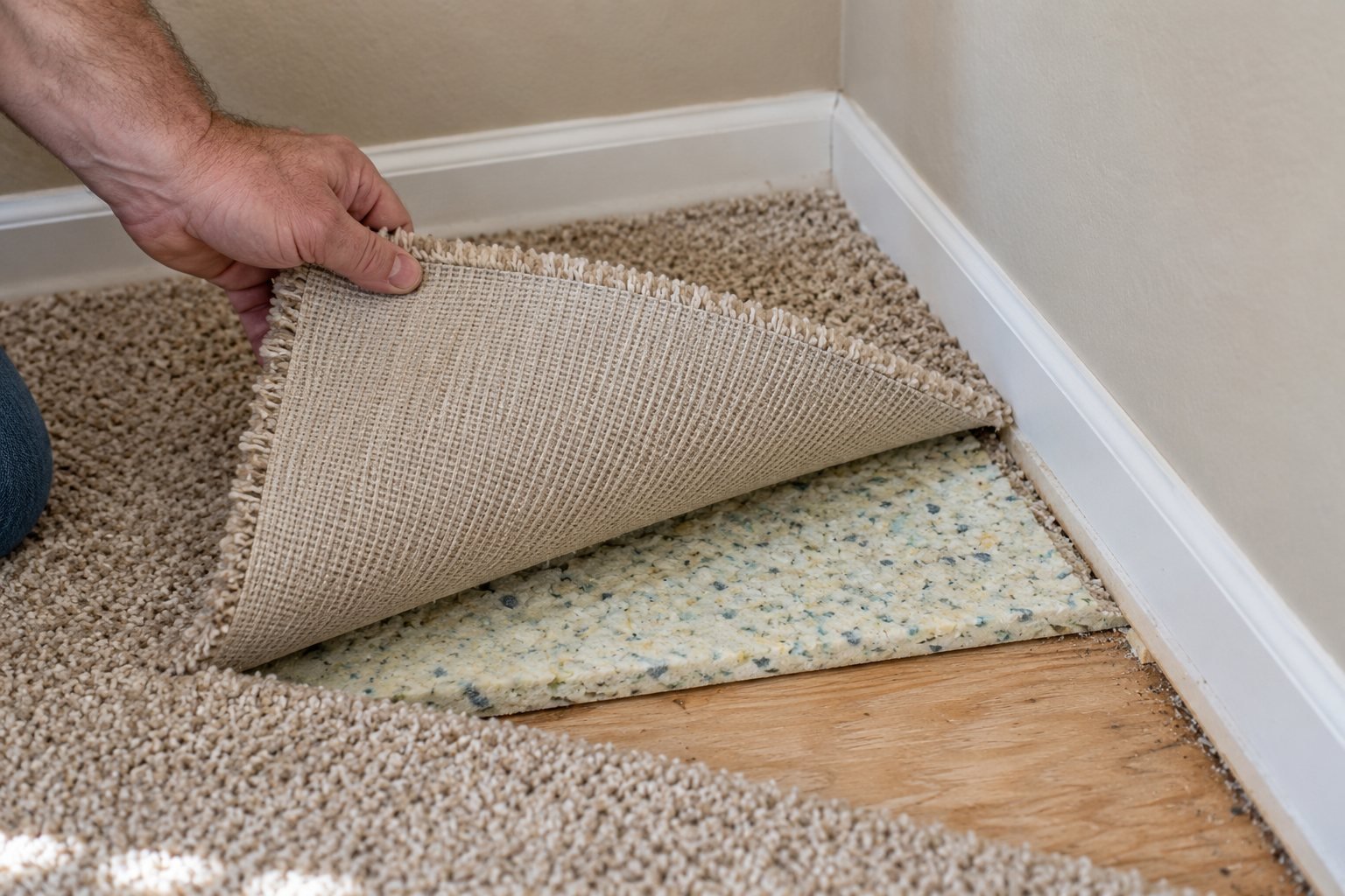Carpet corner pulled back to reveal the carpet pad and subfloor