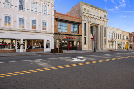 Historic street lined with storefronts