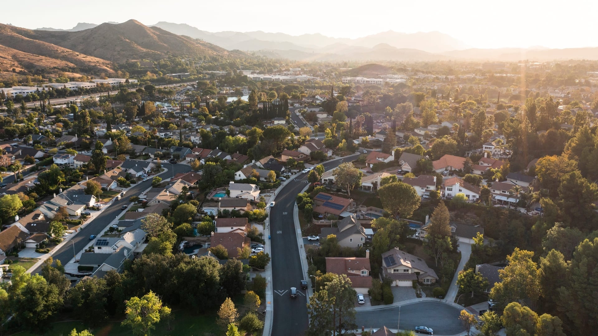 Sunset aerial view of single family housing in Agoura Hills, California, USA