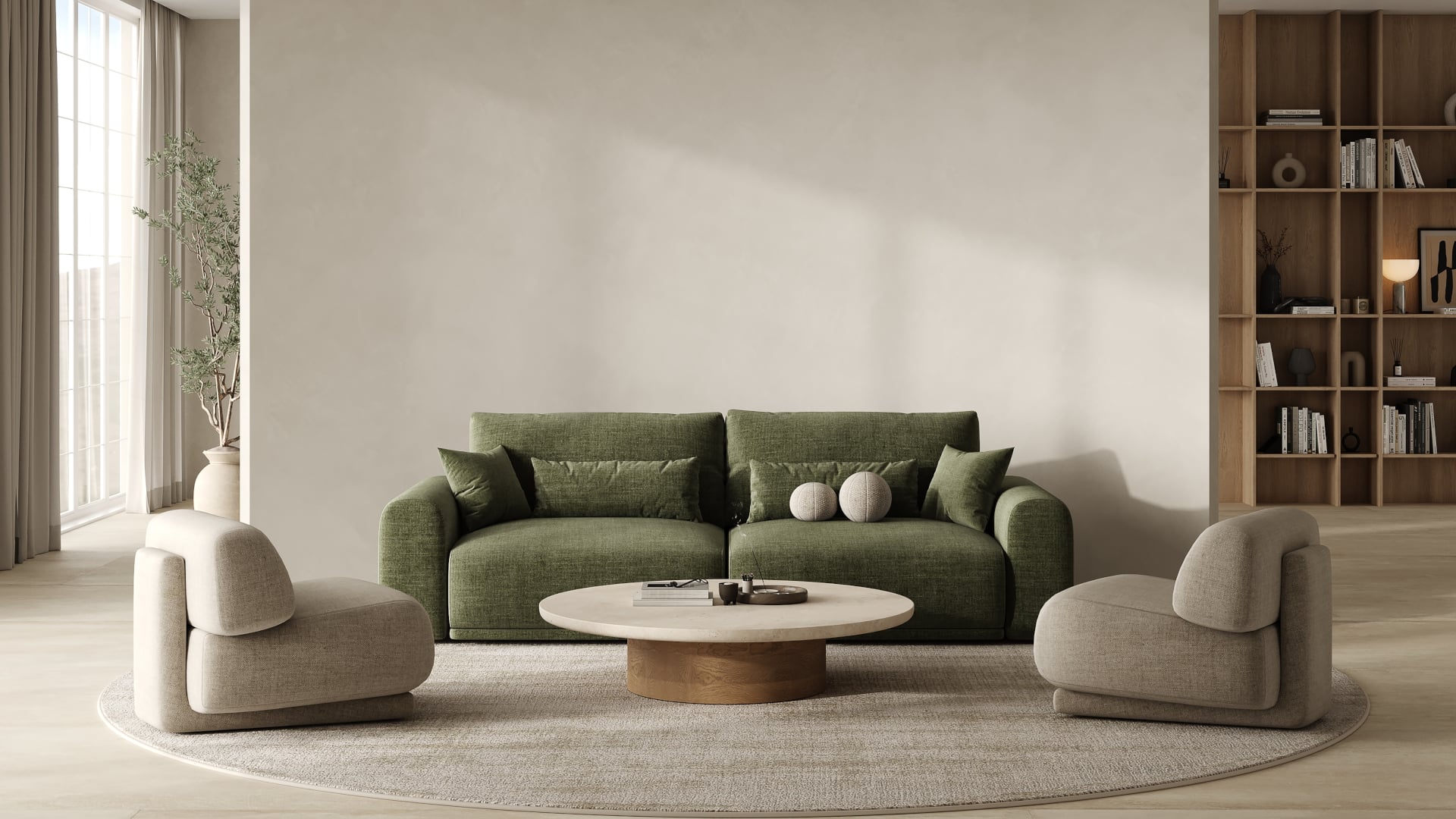 Modern living room interior, green sofa