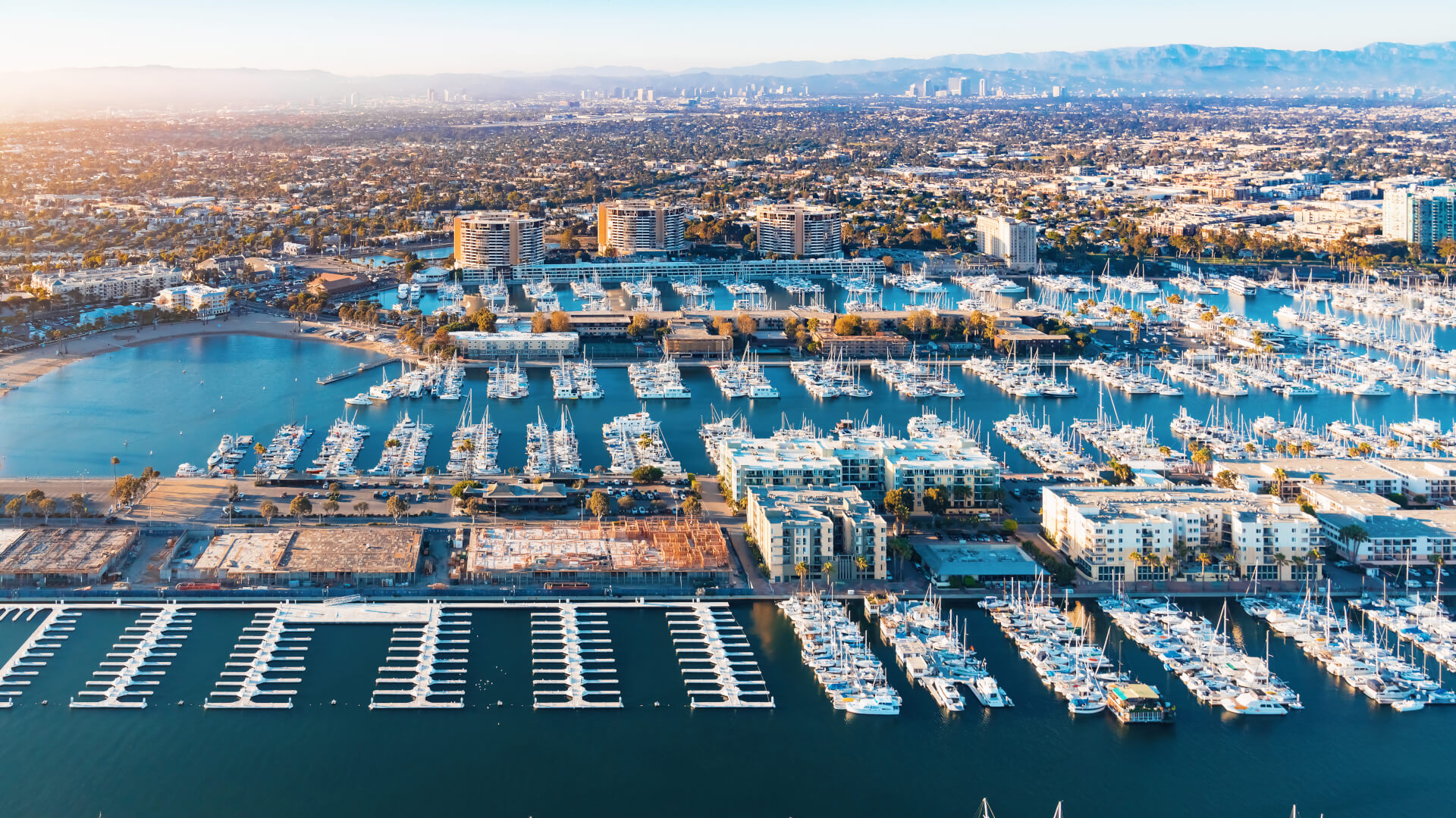 Aerial view of the Marina del Rey seaside community in Los Angeles