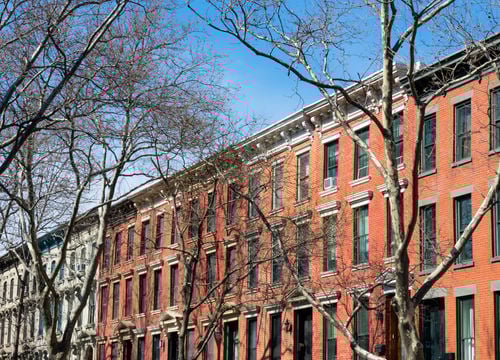 A Row of Old Colorful Brick Residential Buildings in Long Island City Queens New York