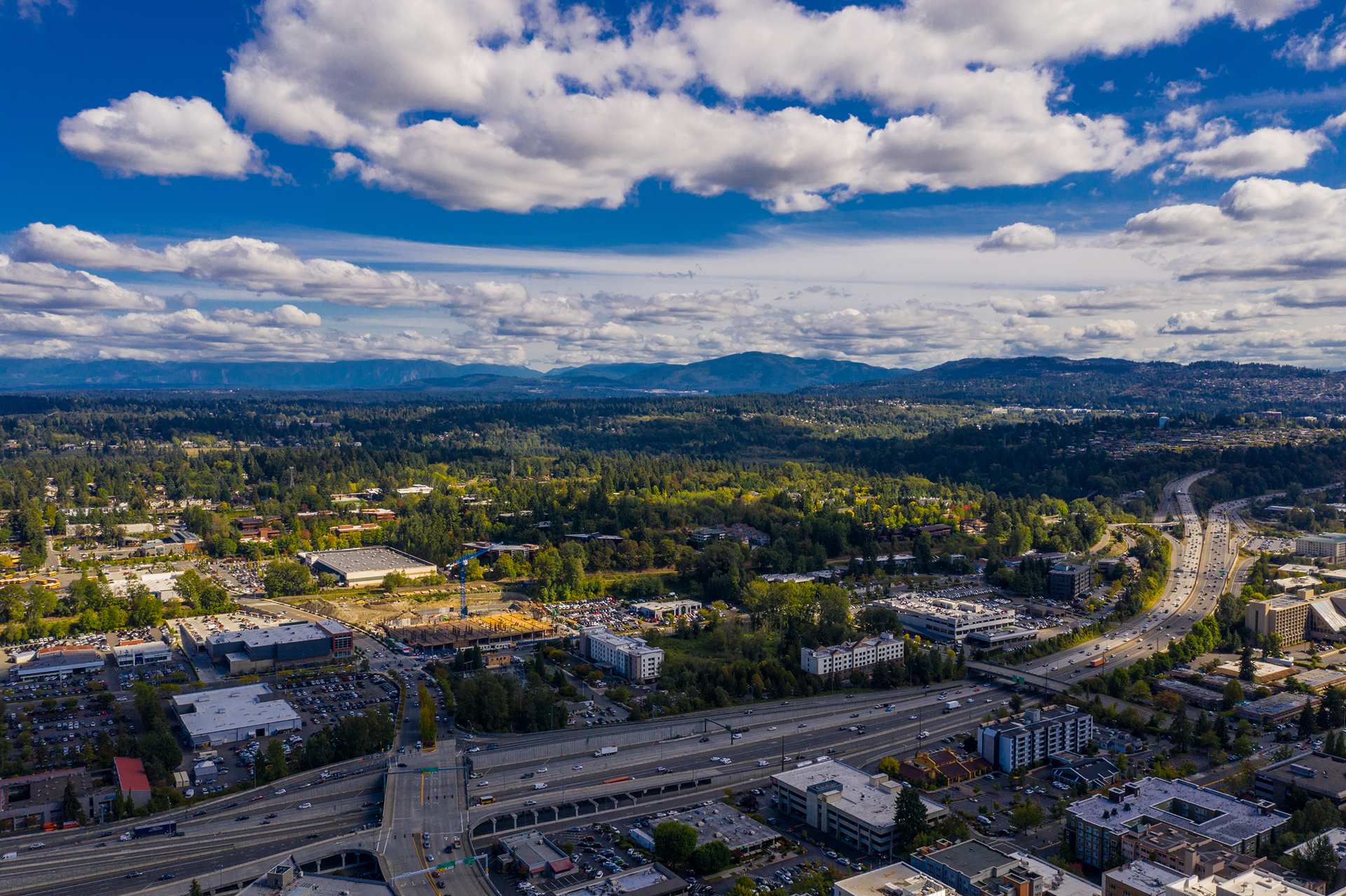 Aerial image Bellevue Washington with beautiful blue cloudy sky