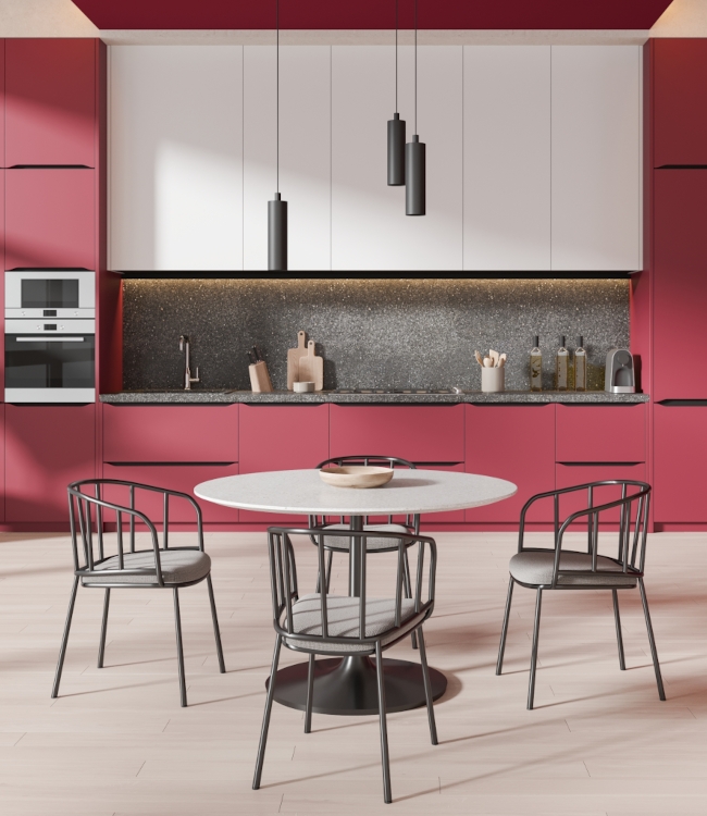 Interior,Of,Stylish,Kitchen,With,Red,Walls,,Wooden,Floor,,White