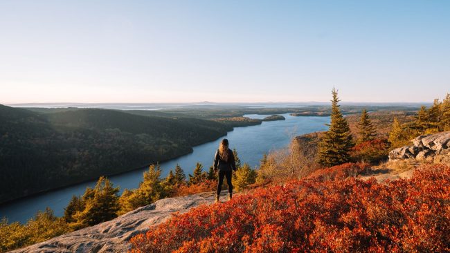 Female Hiker Epic View Acadia National Park Sunrise Beech Mountain Orange Leaves Ocean View Beautiful Wide Landscape During Fall Foliage in Maine 1