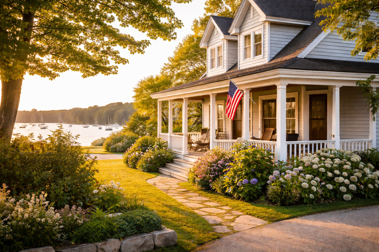 Serene coastal home at sunset