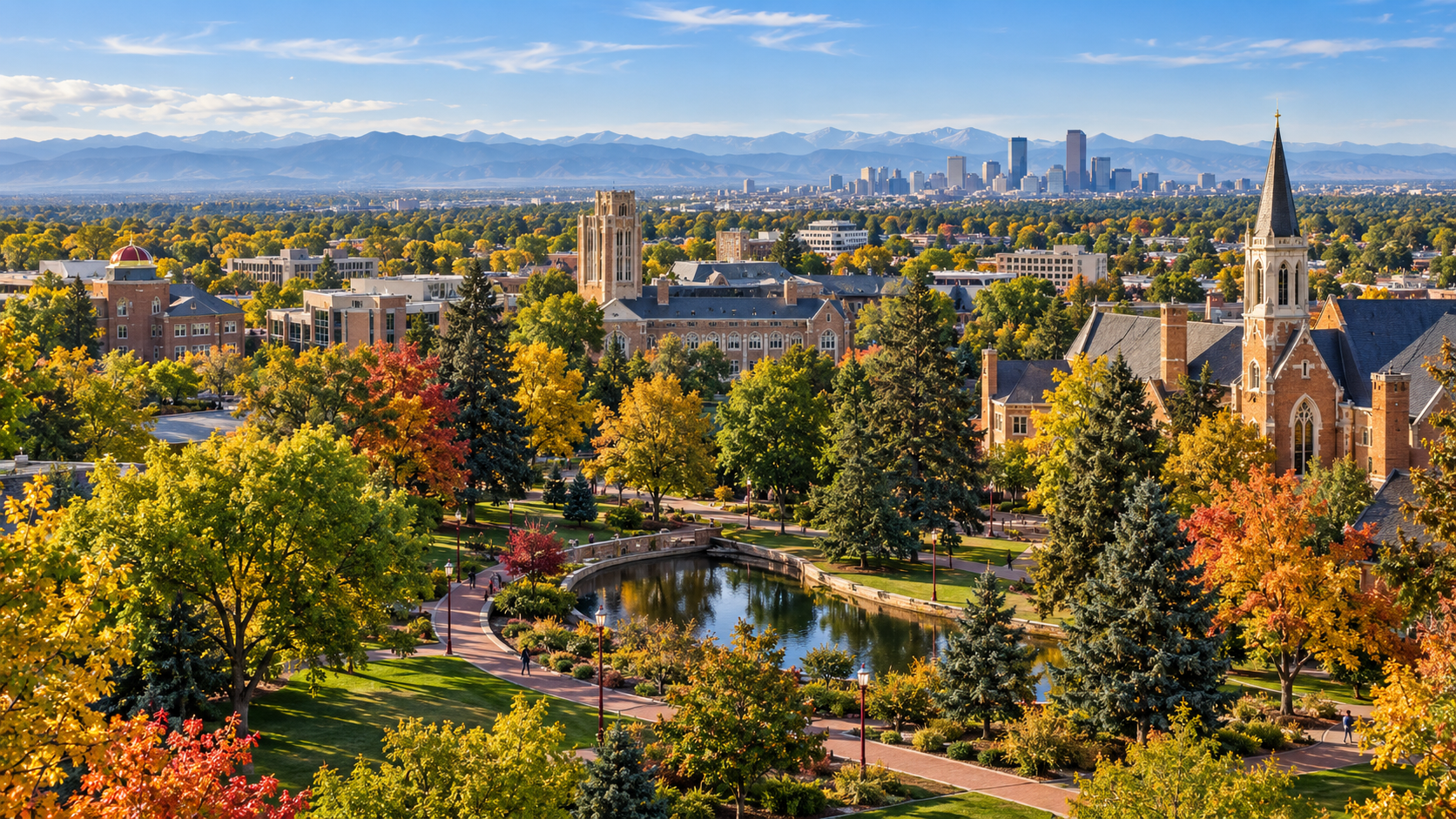 Autumn Campus Vista with Denver Skyline