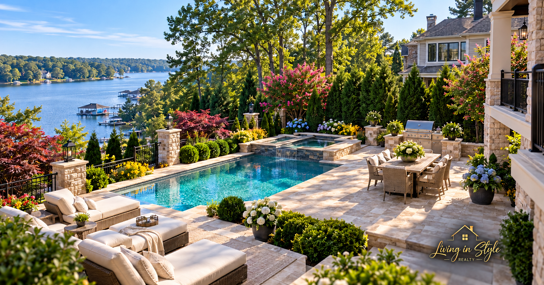 Luxury lakeside pool terrace
