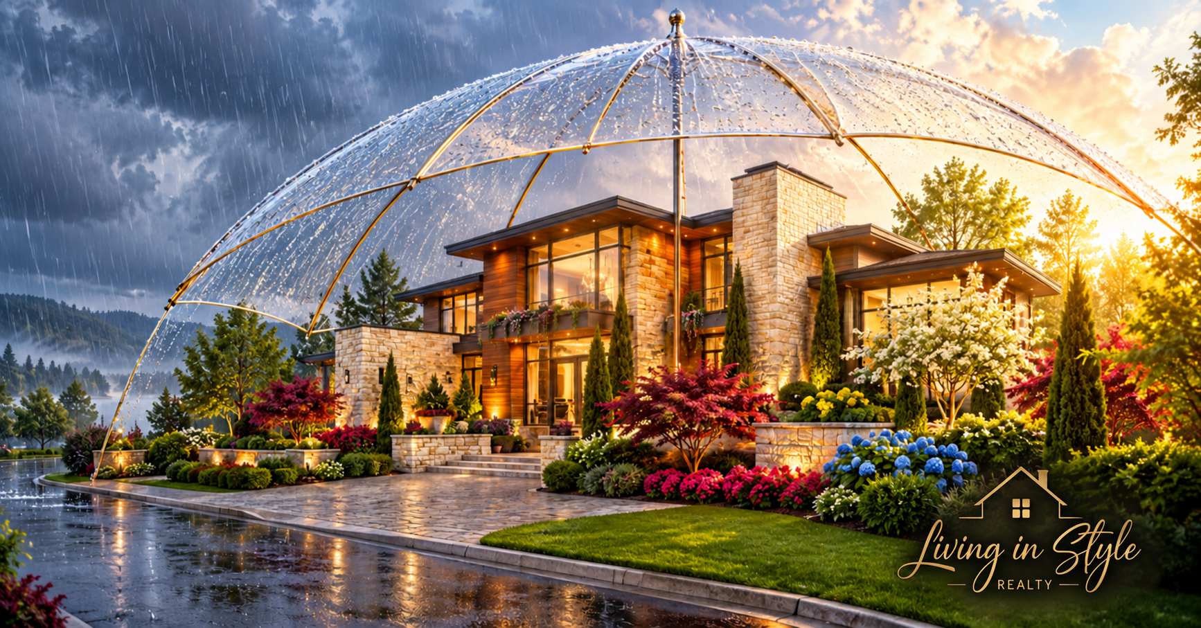 Rainy garden home, golden logo