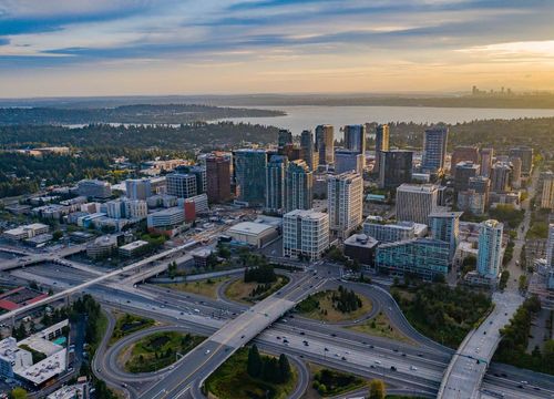 Drone shot of the city of Bellevue from above