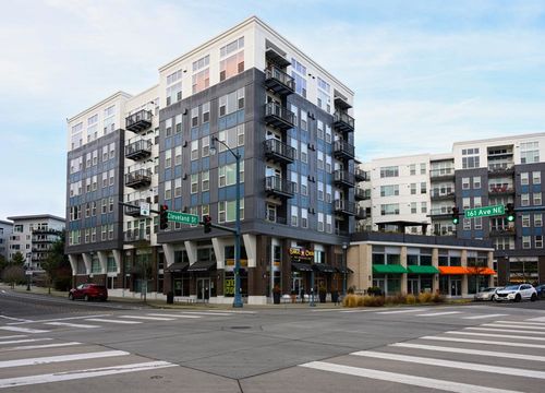 Cityscape of redevloped downtown Redmond with modern apartment b