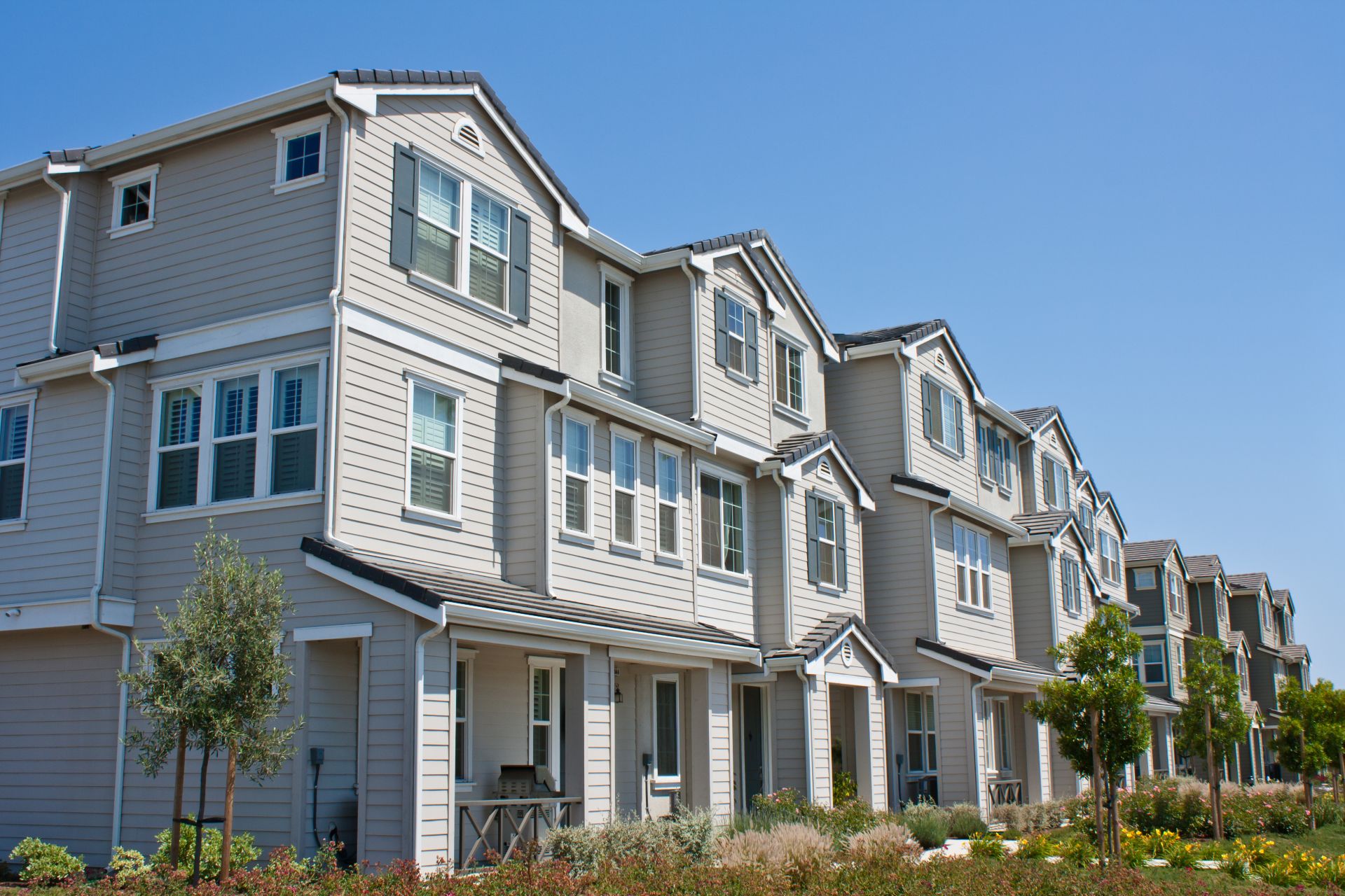 A row of new townhomes condominiums near San Jose, California.