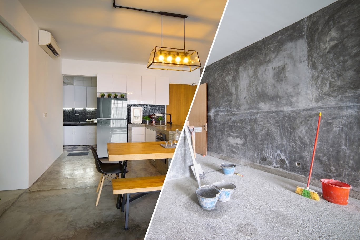 Split screen showing a modern kitchen and dining room before and after being renovated, demonstrating the improvement from messy construction to a stylish living space