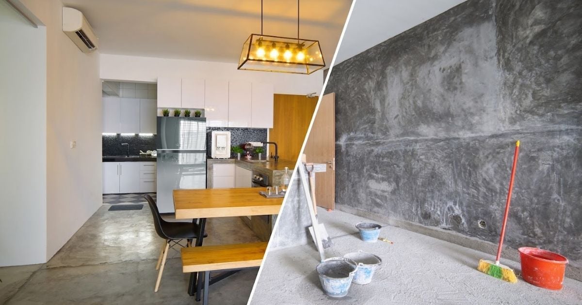 modern kitchen and dining room before and after being renovated