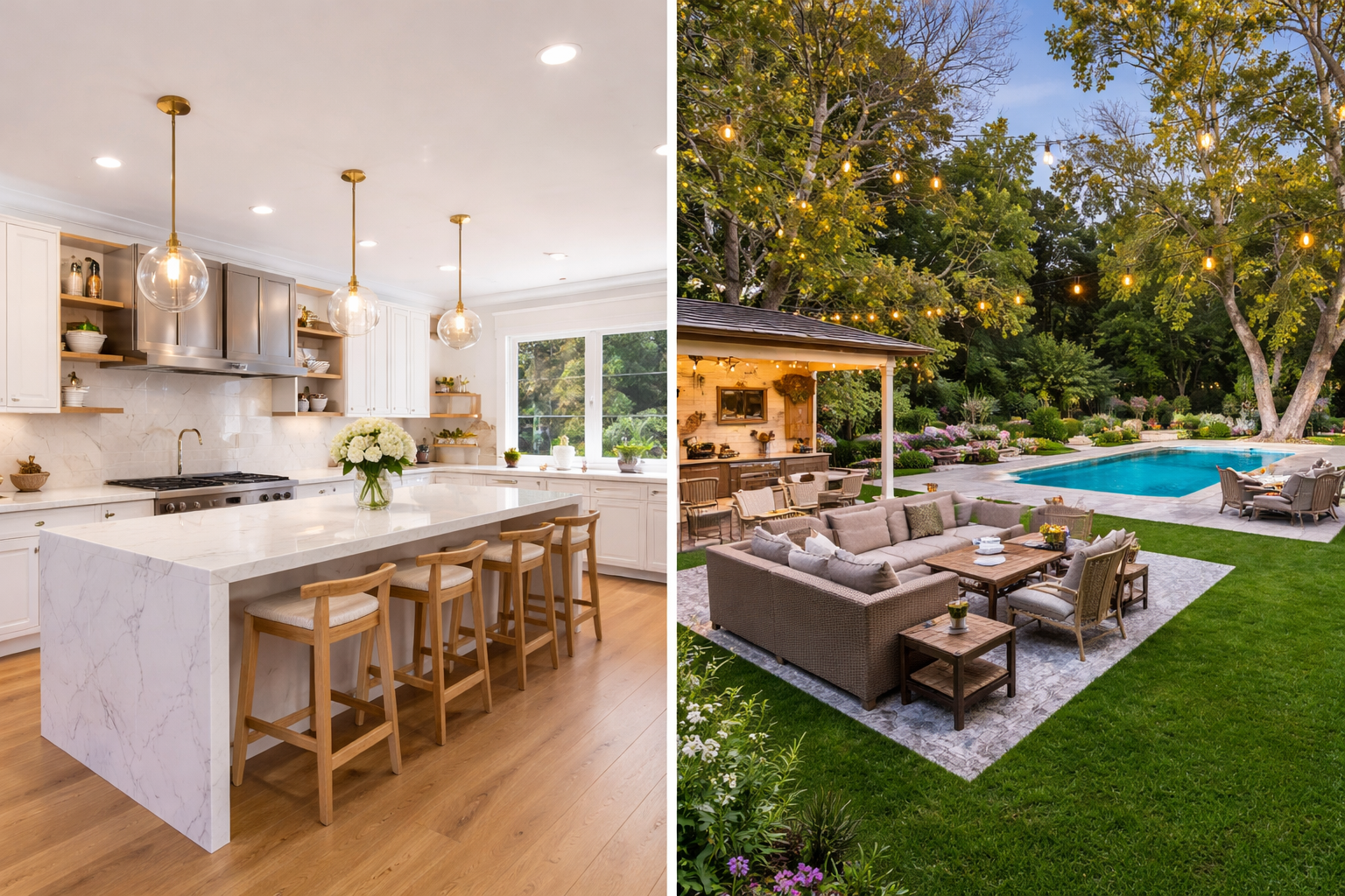 Outdoor entertaining area with pool, string lights and covered patio